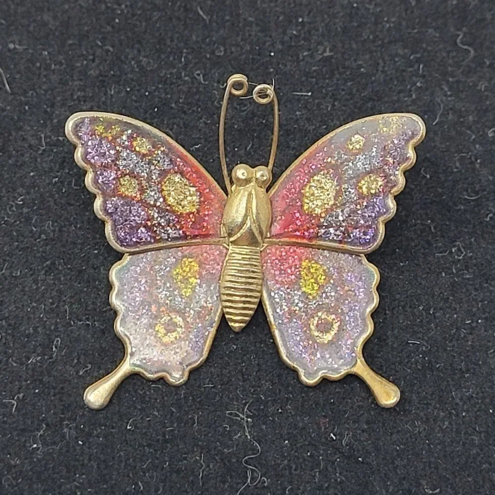 Vintage Gold Tone Purple Sparkle Confetti Enamel Butterfly Brooch‎ Pin Pendant
